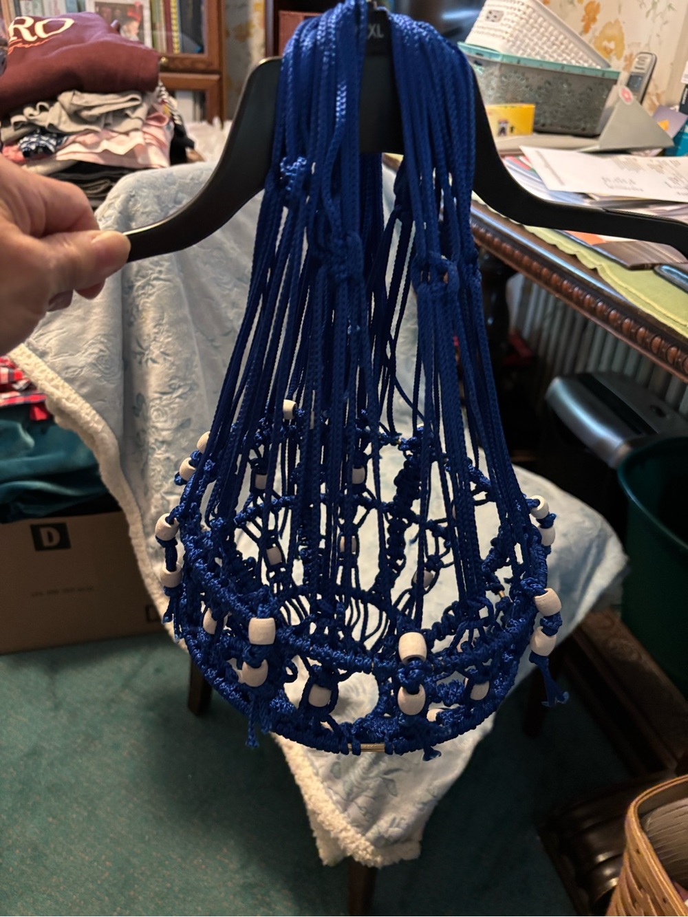 Handmade Blue Macramé Hanging Plant Holder with Wooden Beads